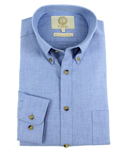 Viyella Plain Sky Blue 80/20 Cotton Wool Blend Button Down Collar Shirt - Image 4
