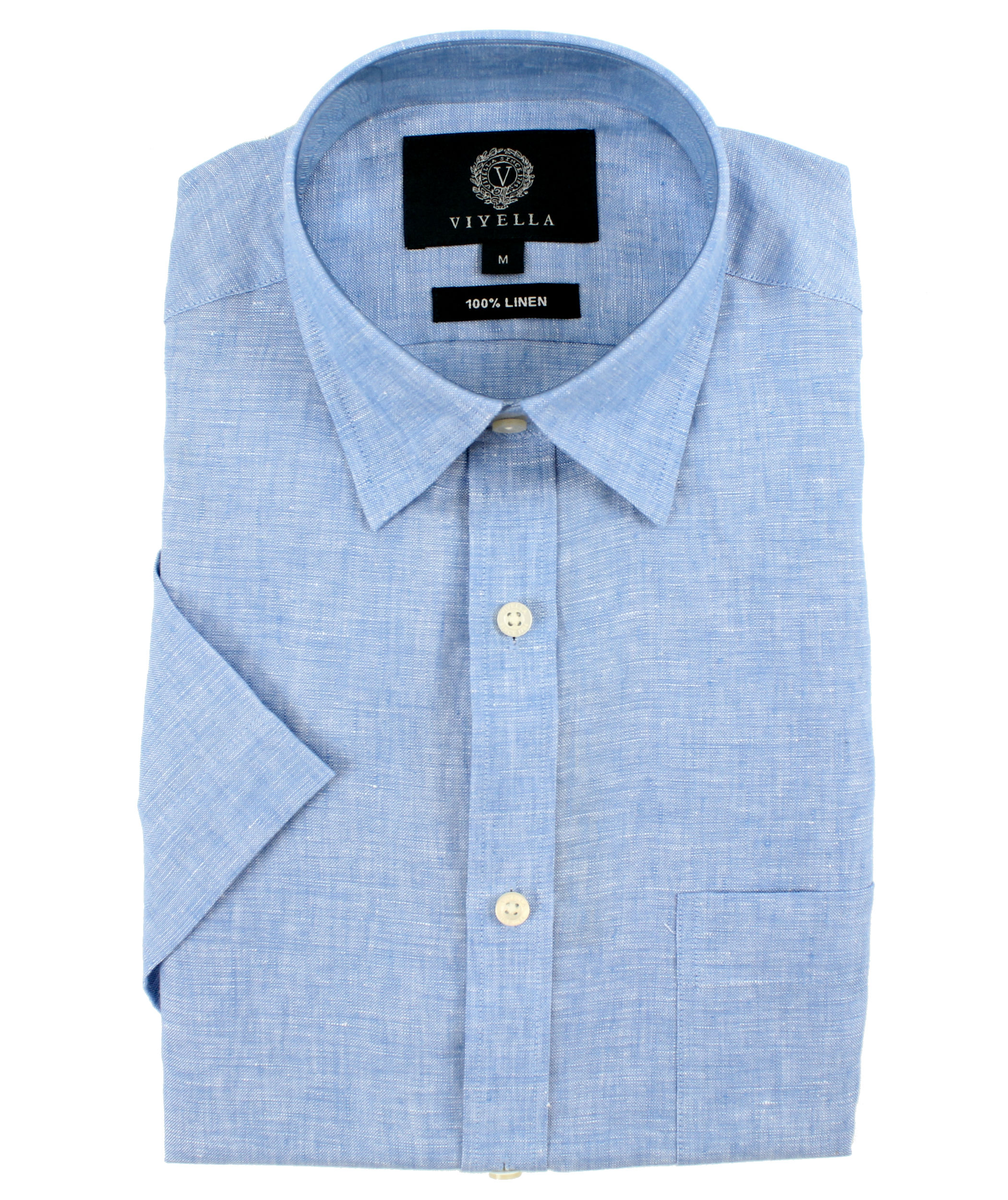 Viyella Classic Fit Plain Blue Short Sleeve Linen Shirt - Viyella