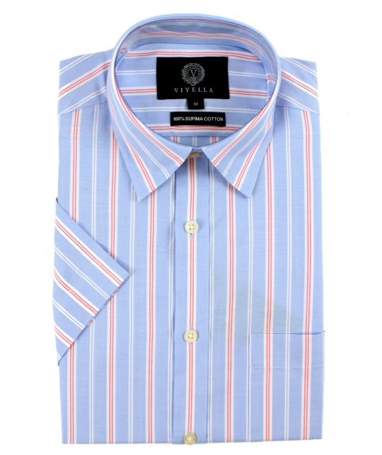 Viyella Classic Fit Blue Oxford Stripe Short Sleeve Supima Cotton Shirt ...