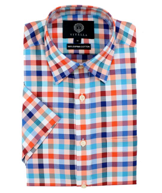 Viyella Classic Fit Red & Blue Oxford Check Short Sleeve Supima Cotton ...