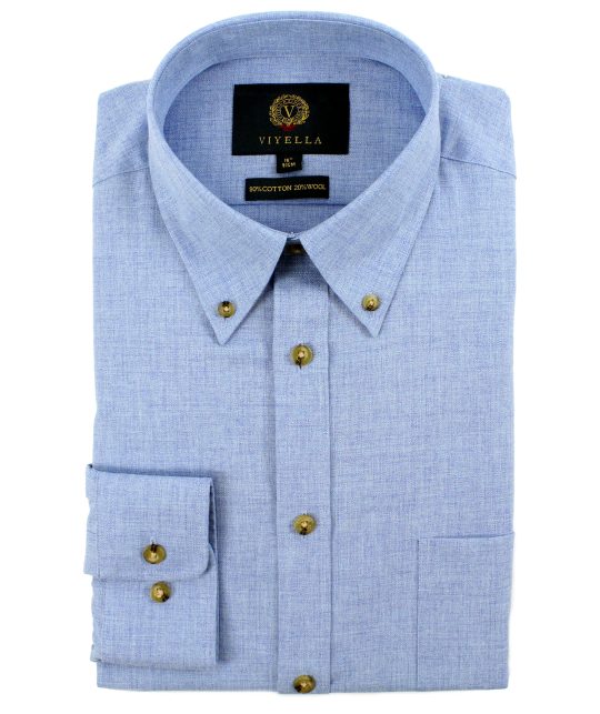 Viyella Plain Sky Blue 80/20 Cotton Wool Blend Button Down Collar Shirt ...