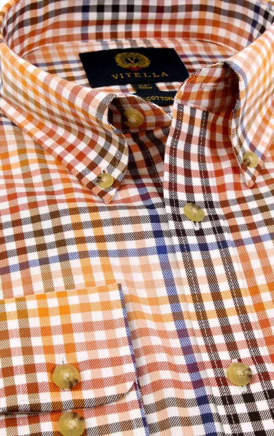 Viyella Cotton Orange Ombre Check Classic Fit Shirt with Button Down Collar