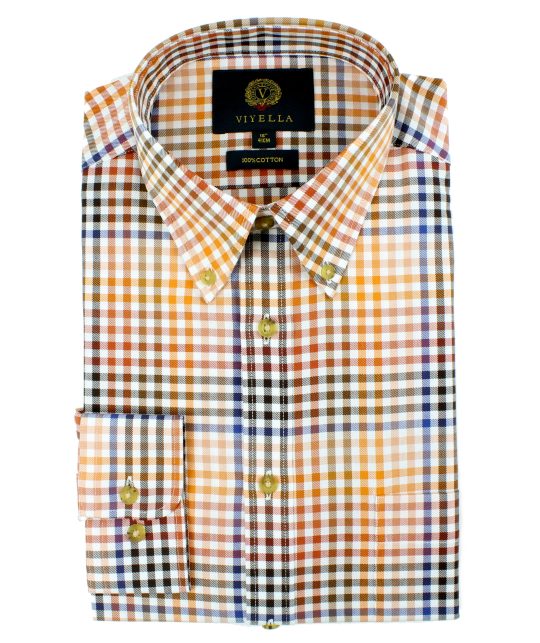 Viyella Cotton Orange Ombre Check Classic Fit Shirt with Button Down Collar - Image 2