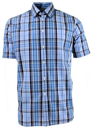 Viyella Cotton Blue Plaid Classic Fit Short Sleeve Shirt