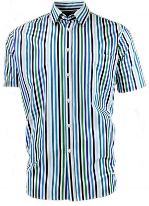 Viyella Cotton Blue & Green Satin Stripe Classic Fit Short Sleeve Shirt