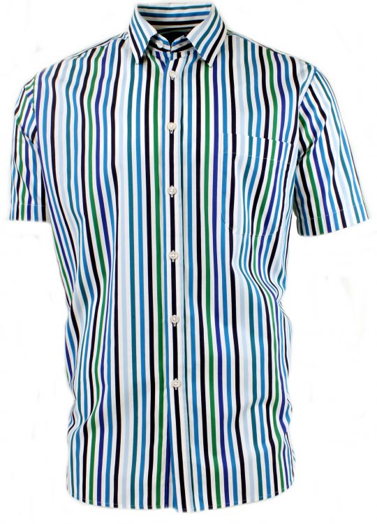 Viyella Cotton Blue & Green Satin Stripe Classic Fit Short Sleeve Shirt