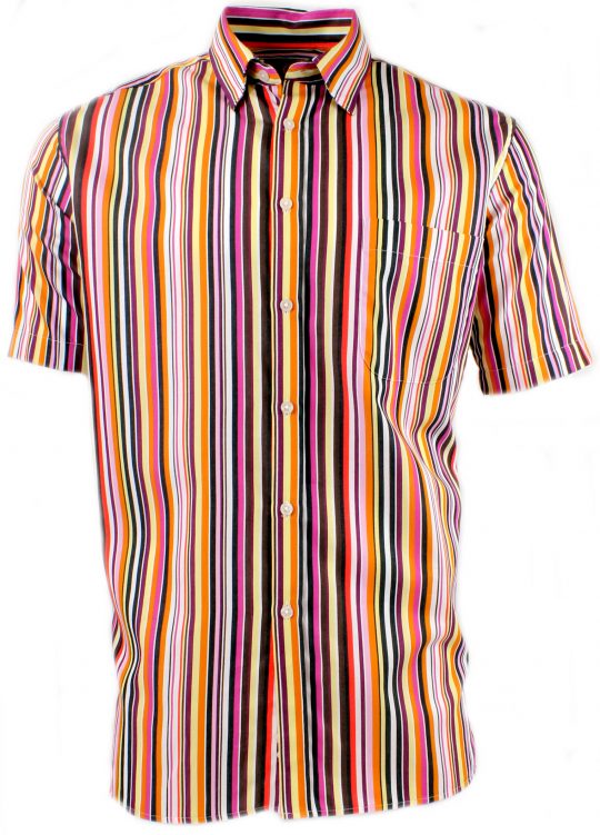 Viyella Cotton Bright Multicoloured Satin Stripe Classic Fit Short Sleeve Shirt