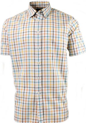 Viyella Cotton Amber & Blue Royal Oxford Check Classic Fit Short Sleeve Shirt