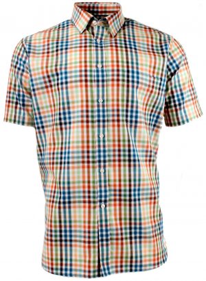Viyella Cotton Terracotta Royal Oxford Blur Check Classic Fit Short Sleeve Shirt