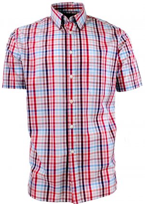 Viyella Cotton Raspberry & Blue Grid Check Classic Fit Short Sleeve Shirt