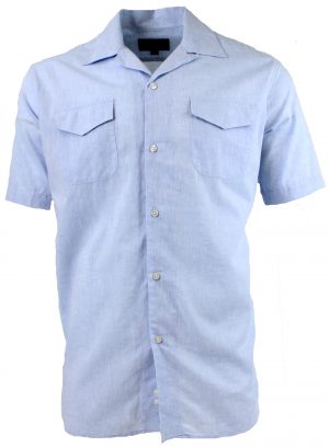 Viyella Plain Blue Linen Classic Fit Short Sleeve Shirt