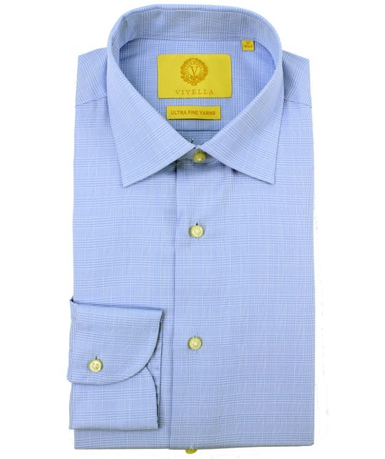 Viyella Blue Prince of Wales Check Tailored Fit Cotton Formal Shirt - Image 3
