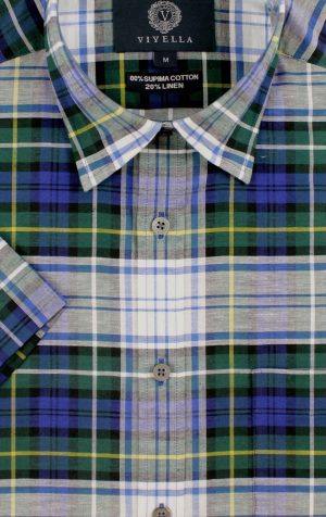 Viyella Classic Fit Campbell Dress Tartan Short Sleeve Supima Cotton & Linen Shirt