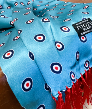 Tootal silk scarf with target design on airforce blue background, finished with fringe ends, made from 100% silk.