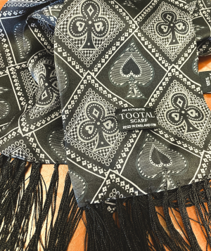 Tootal black silk scarf with Ace of Spades pattern and fringe ends, double-faced and made from 100% silk.