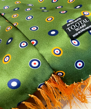 Tootal parka green silk scarf with roundel pattern and gold fringe ends, made from 100% silk.
