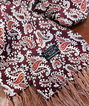Tootal wine paisley silk scarf with fringe ends, double-faced and crafted from 100% silk.