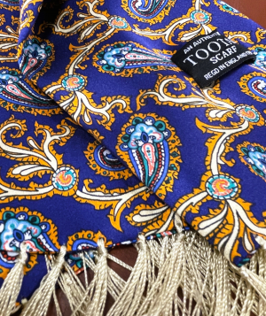 Tootal navy and gold paisley silk scarf with fringed ends, double-faced, crafted from 100% pure silk.