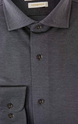 Viyella charcoal knitted pique shirt with button-up front and semi cutaway collar, displayed neatly to show texture and fit.