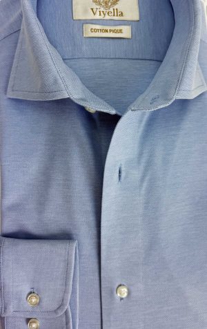 Viyella Knitted Piqué Sky Blue Shirt featuring a refined honeycomb texture and semi cutaway collar, crafted from soft, breathable cotton.
