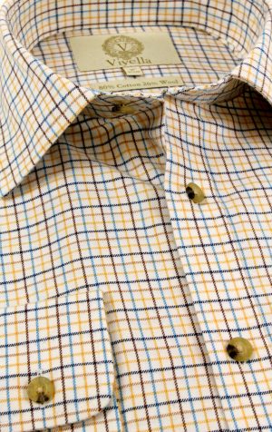 Viyella men’s classic fit shirt in ochre mini tattersall check, made from an 80% cotton, 20% wool blend with front placket and chest pocket.