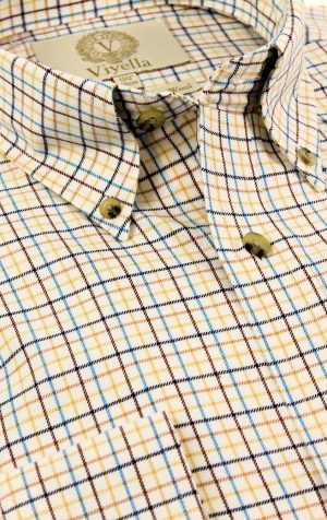 Viyella men’s ochre mini tattersall check shirt with button-down collar, classic fit, crafted from 80% cotton and 20% wool.