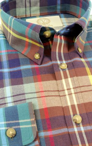 Viyella 80/20 Navy Chocolate Plaid Classic Fit Shirt with Button Down Collar