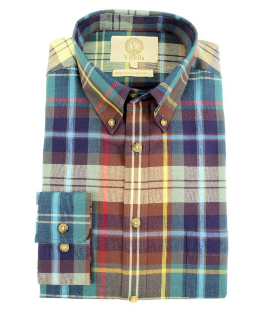 Viyella 80/20 Navy Chocolate Plaid Classic Fit Shirt with Button Down Collar - Image 3
