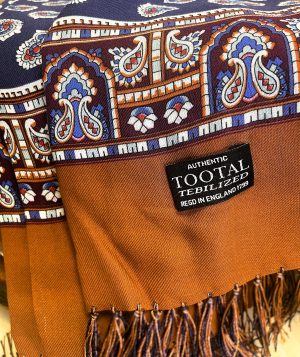 Tootal Navy Paisley with Gold Border Rayon Scarf with Fringe TB9225-058
