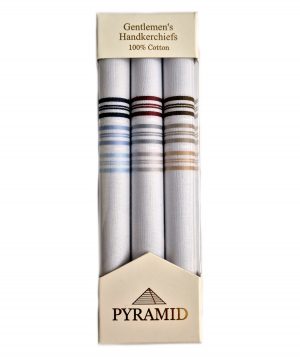Mens Pyramid White with Fine Coloured Border 3 Pack Cotton Handkerchief