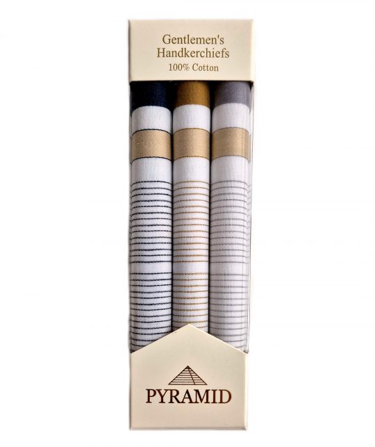 Mens Pyramid White with Fine Coloured Stripe 3 Pack Cotton Handkerchief