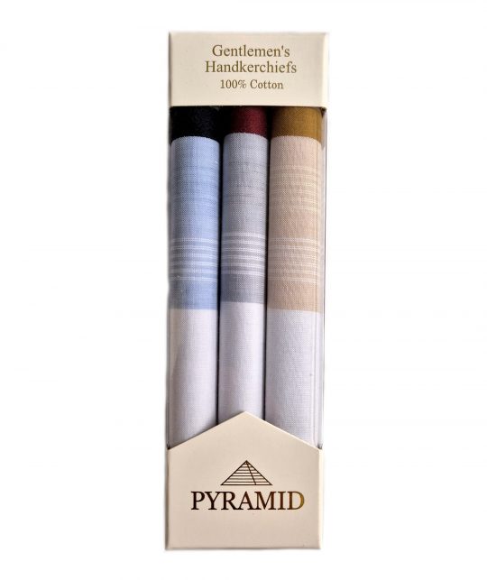 Mens Pyramid White with Bold Coloured Border 3 Pack Cotton Handkerchief