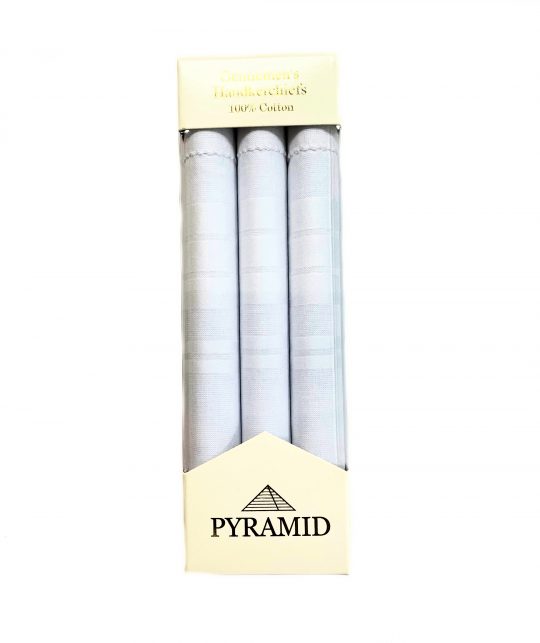 Mens Pyramid 3 Pack White Cotton Faggot Hem Stitched Handkerchiefs