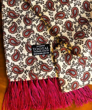 Tootal Red Paisley on Cream Rayon Scarf with Red Fringe