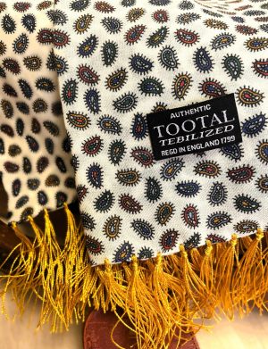 Tootal Multicoloured Small Paisley On Cream Rayon Scarf with Gold Fringe