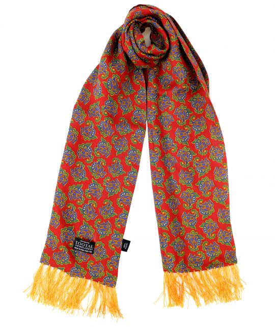 Tootal Blue Paisley on Red Rayon Scarf with Gold Fringe - Image 3