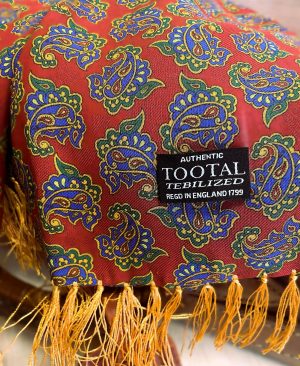Tootal Blue Paisley on Red Rayon Scarf with Gold Fringe