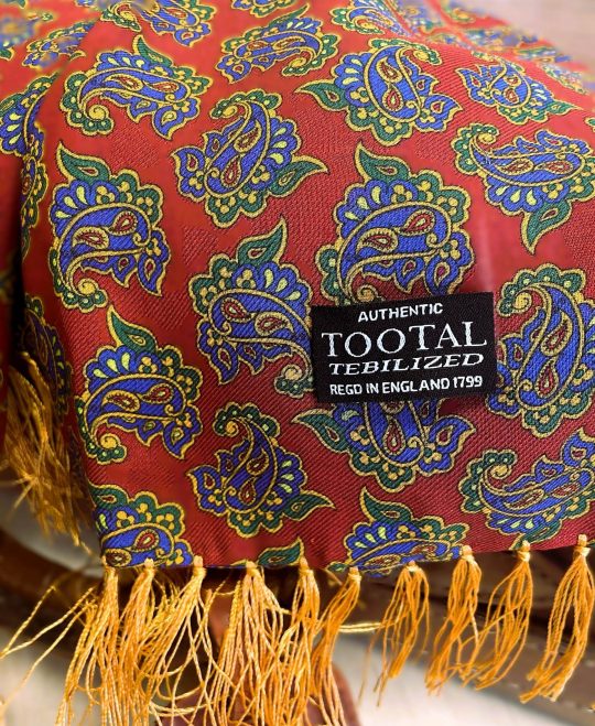 Tootal Blue Paisley on Red Rayon Scarf with Gold Fringe