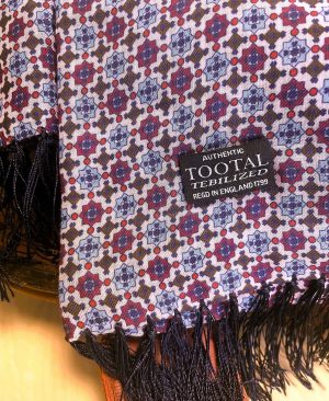 Tootal Burgundy and Blue Geo Print Rayon Scarf with Blue Fringe