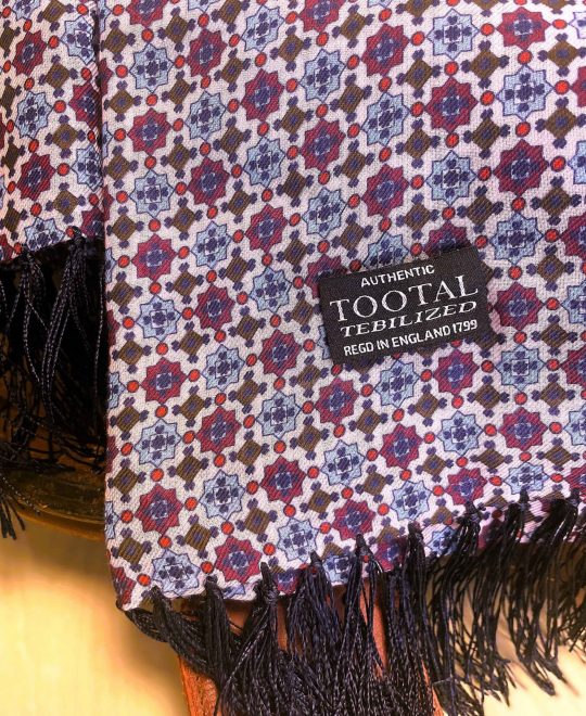 Tootal Burgundy and Blue Geo Print Rayon Scarf with Blue Fringe
