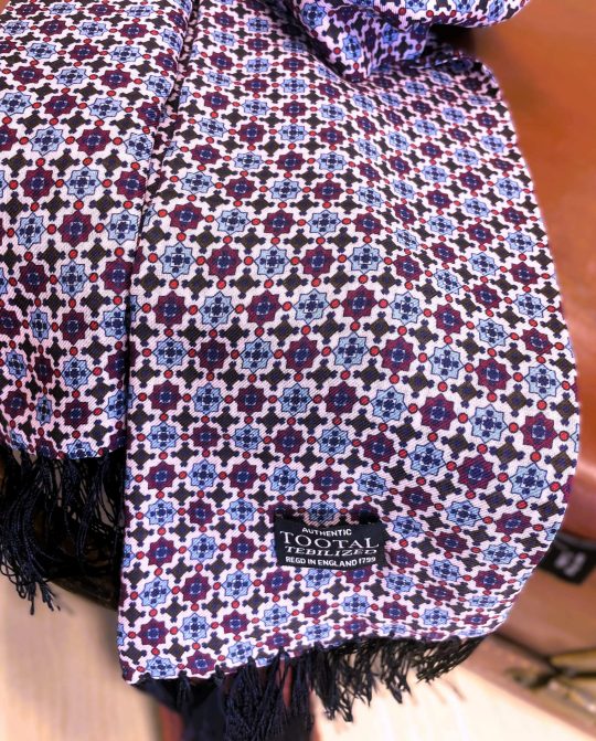 Tootal Burgundy and Blue Geo Print Rayon Scarf with Blue Fringe - Image 2