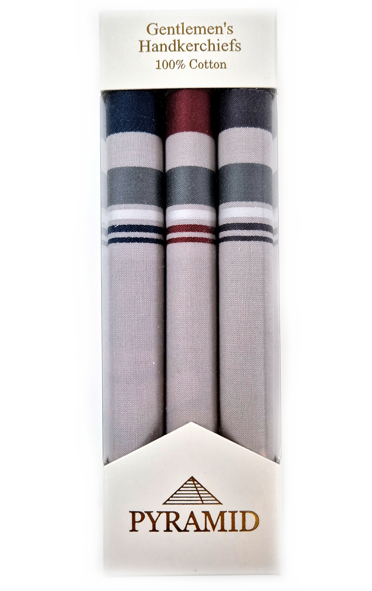 Mens Pyramid Grey with Bold Coloured Border 3 Pack Cotton Handkerchief - Image 2