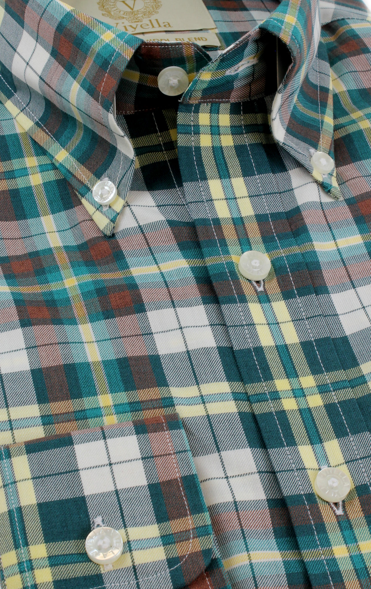 Viyella Tropical Cotton Wool Blend Dartmouth Green Plaid Shirt - Image 2