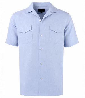 Viyella Plain Blue Linen Classic Fit Short Sleeve Shirt